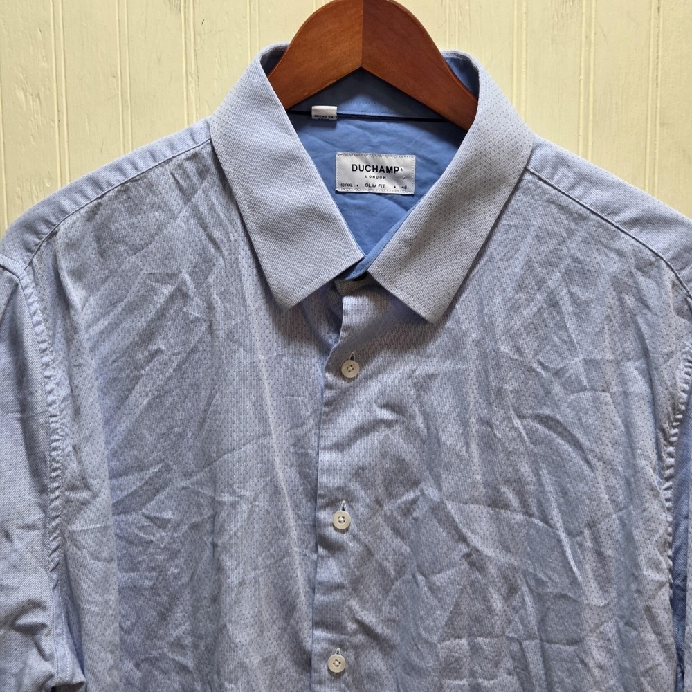 Duchamp Dress Shirt Mens 18 Light Blue Geometric Slim Fit Stretch Cotton LS